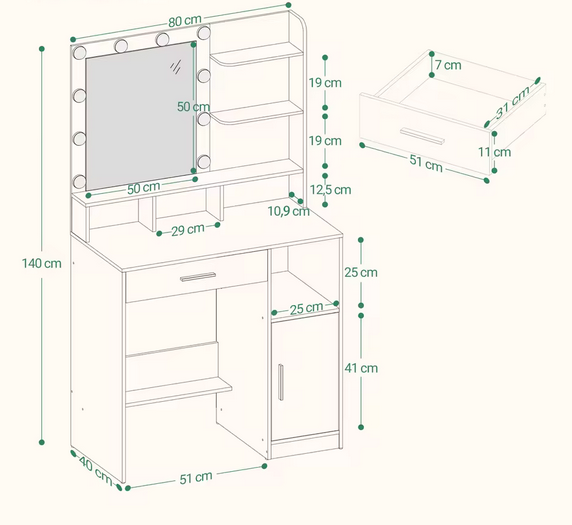 Toaletka z Lustrem LED, 3 Półkami, 4 Otwartymi Przegrodami i Szafką – Nowoczesny Stolik Makijażowy Premium