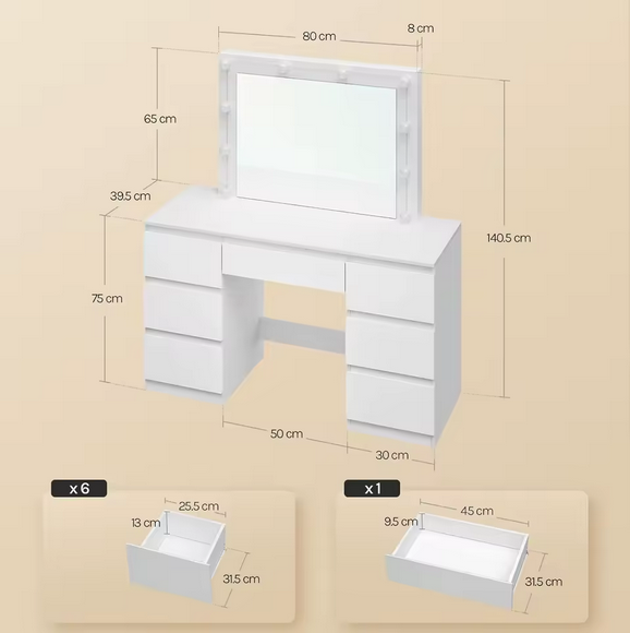 Luksusowa Toaletka z Dużym Lustrem Hollywood i 7 Szufladami – Perfekcyjny Kącik Beauty w Najwyższym Standardzie Woltu