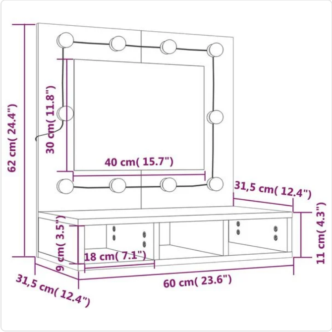 Elegancka Toaletka Ścienna z Lustrem LED – Nowoczesna Szafka na Kosmetyki z Podświetleniem Hollywood