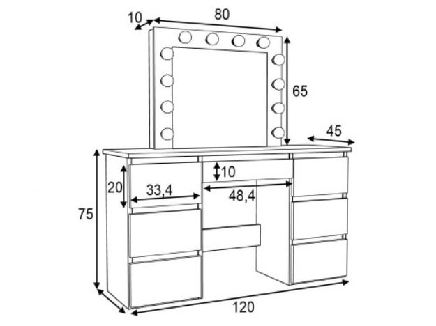 Elegancka toaletka w stylu Hollywood z dużym lustrem i oświetleniem – biała, z pojemnymi szufladami