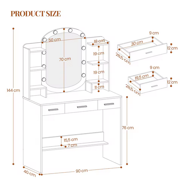 Toaletka kosmetyczna z owalnym lustrem LED, 3 szufladami i otwartymi półkami – biała, model organizacyjny