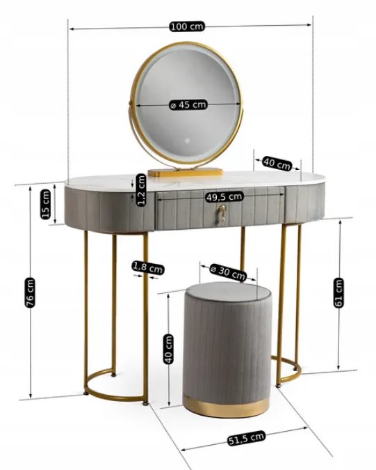 Elegancka Toaletka z Lustrem LED i Taboretem – Model ASHLEY
