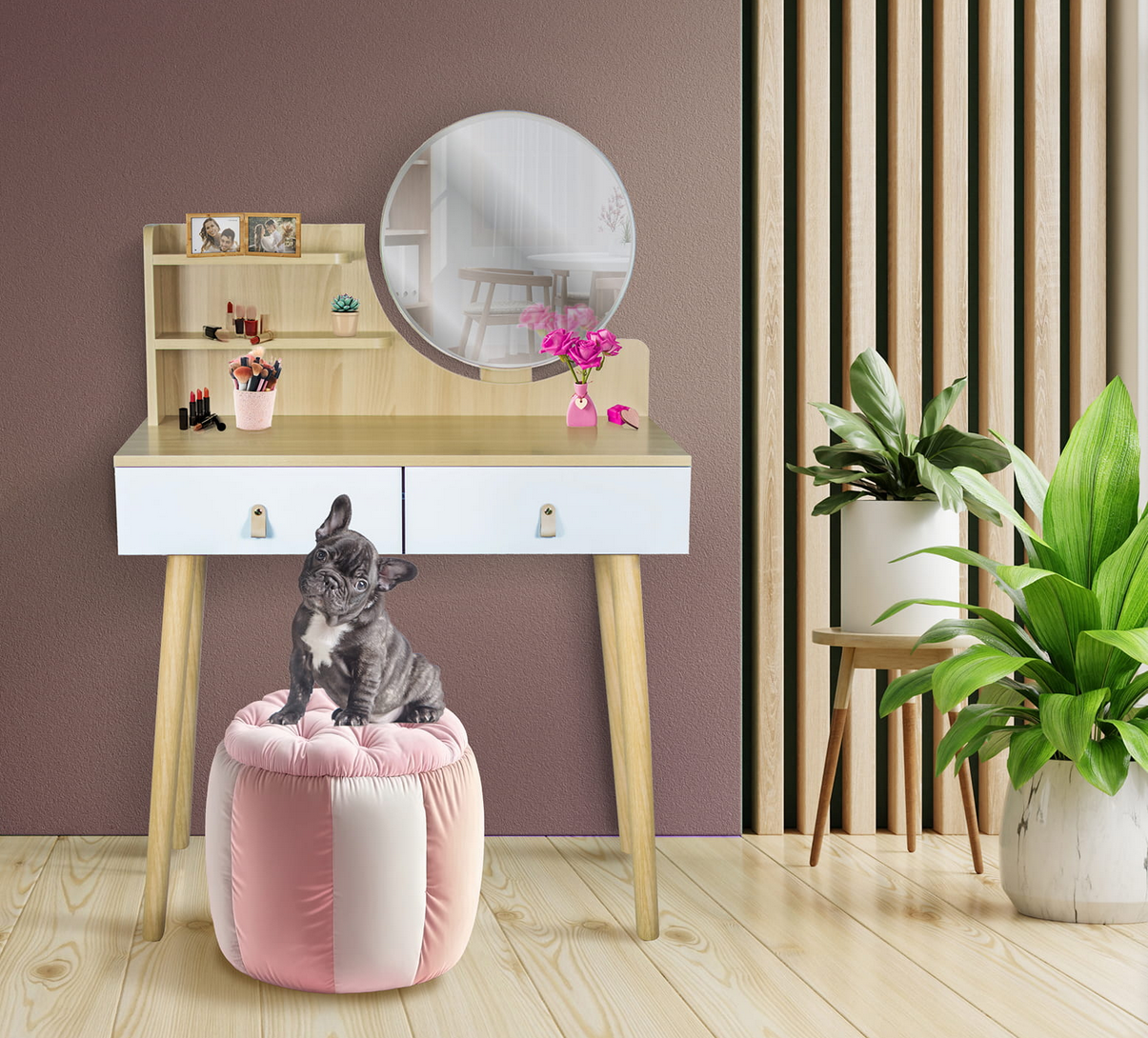 Toaletka kosmetyczna z lustrem - SCANDI biała / buk