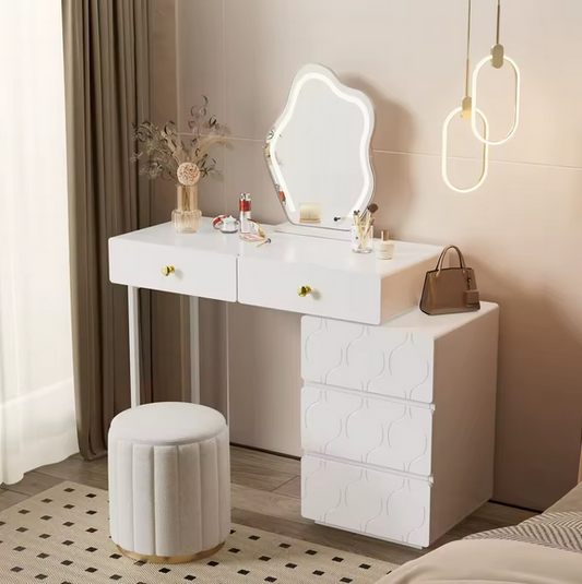 Elegancka Toaletka z Designerskim Lustrem LED i Aksamitnym Stołkiem – Styl, Kobiecość i Komfort w Jednym