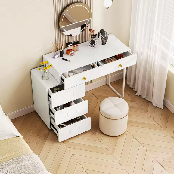 Elegancka Toaletka z Designerskim Lustrem LED i Aksamitnym Stołkiem – Styl, Kobiecość i Komfort w Jednym