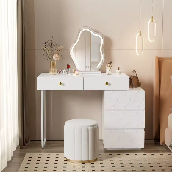 Elegancka Toaletka z Designerskim Lustrem LED i Aksamitnym Stołkiem – Styl, Kobiecość i Komfort w Jednym