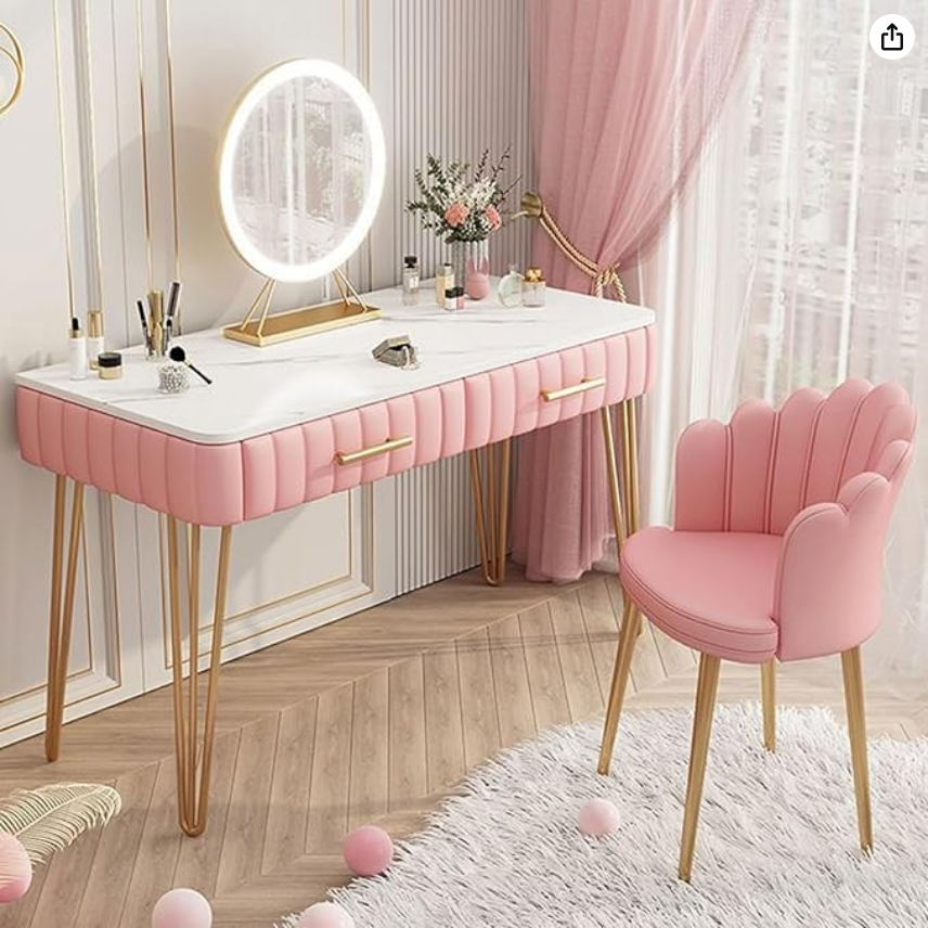 Ekskluzywna Toaletka Glamour z Marmurowym Blatem, LED Lustrem i Tapicerowanymi Szufladami – Luksus, który Odmienia Wnętrze