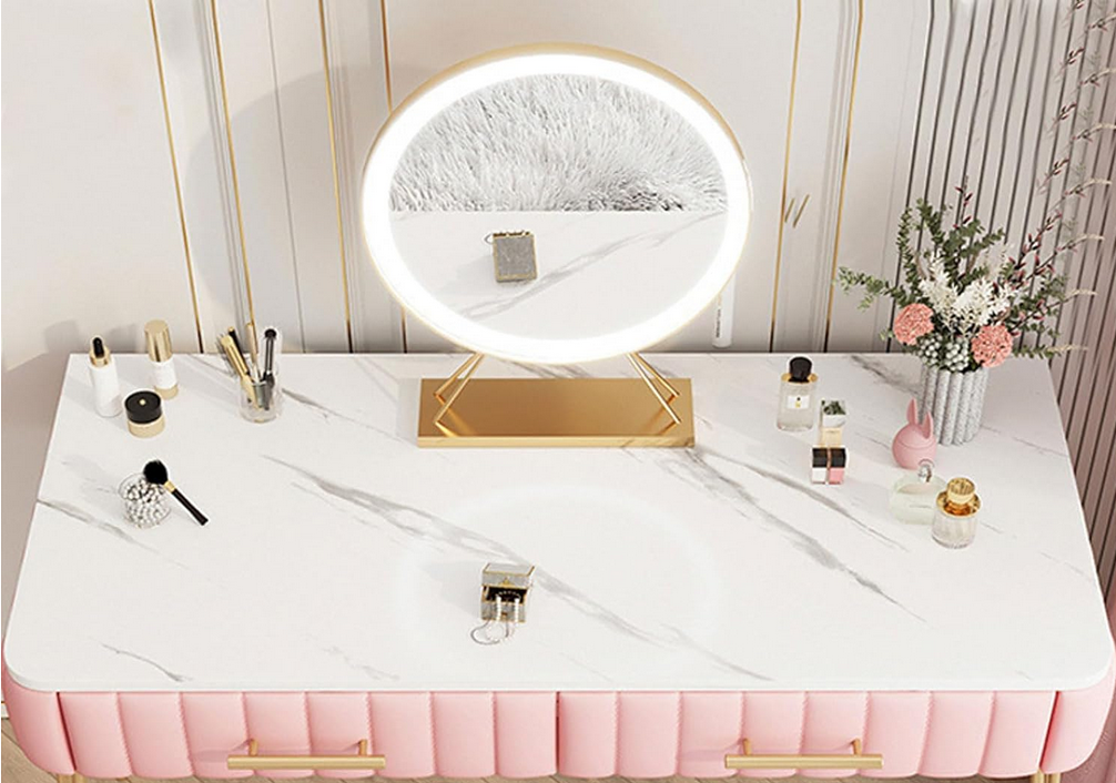 Ekskluzywna Toaletka Glamour z Marmurowym Blatem, LED Lustrem i Tapicerowanymi Szufladami – Luksus, który Odmienia Wnętrze