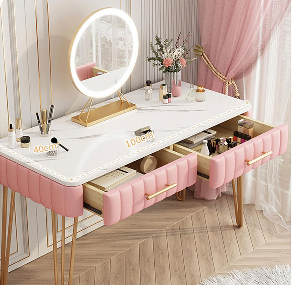 Ekskluzywna Toaletka Glamour z Marmurowym Blatem, LED Lustrem i Tapicerowanymi Szufladami – Luksus, który Odmienia Wnętrze