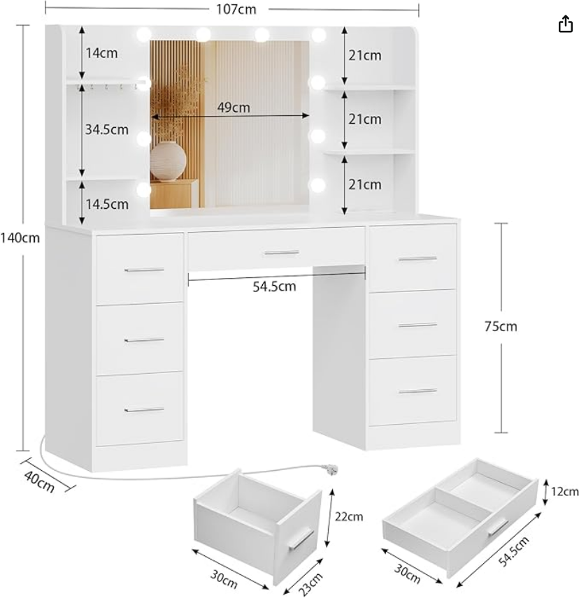 TEENFON Toaletka ze światłami, toaletka z lustrem i gniazdkiem, toaletka z 7 szufladami, 6 półkami i 5 haczykami, nowoczesna, biała