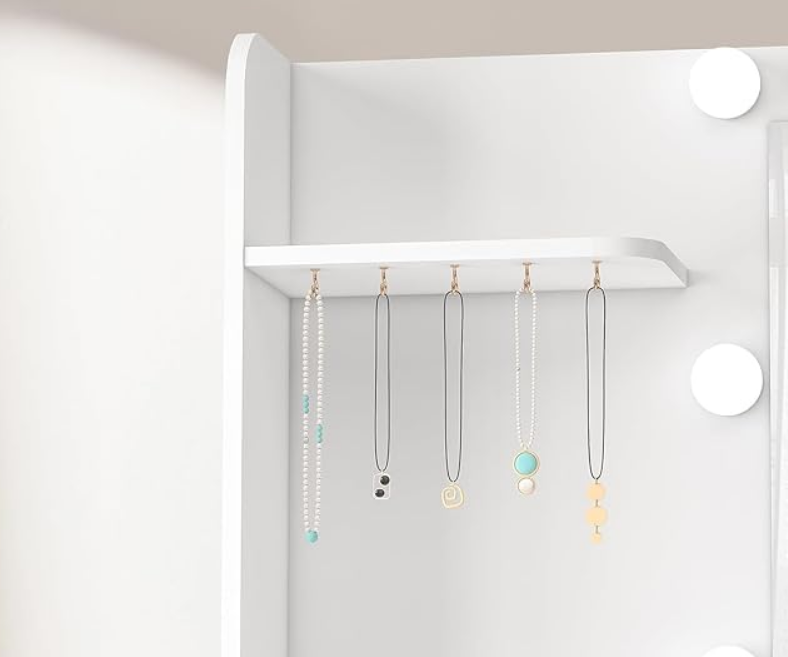 TEENFON Toaletka ze światłami, toaletka z lustrem i gniazdkiem, toaletka z 7 szufladami, 6 półkami i 5 haczykami, nowoczesna, biała