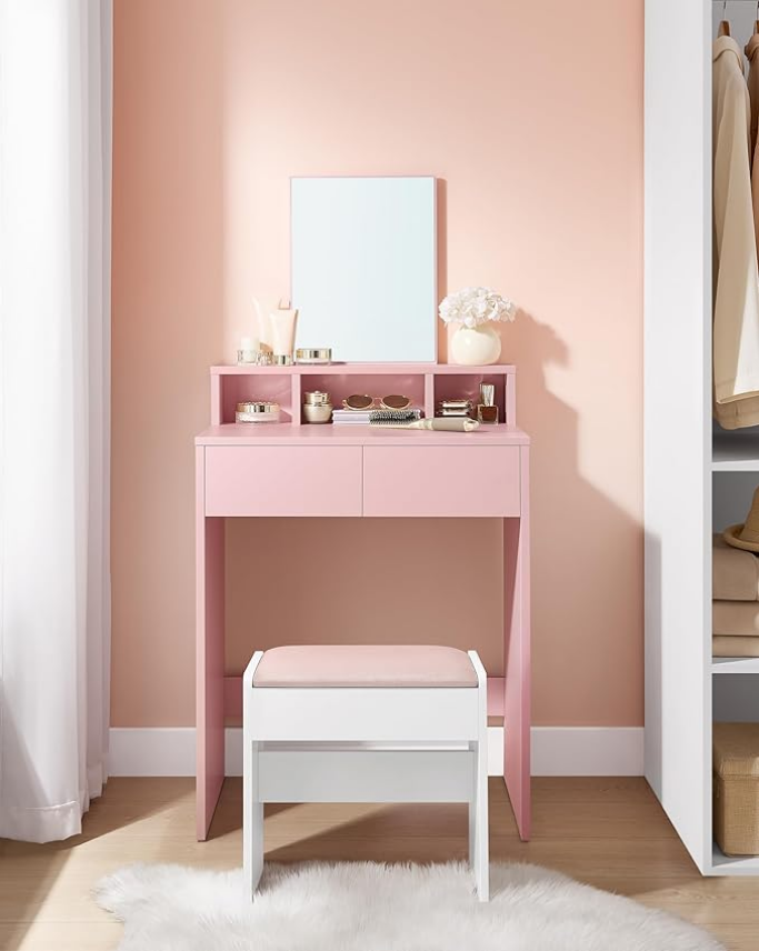 VASAGLE  Nowoczesna Toaletka w Odcieniu Pudrowego Różu z Lustrem i 2 Szufladami – Idealna do Makijażu i Organizacji Kosmetyków