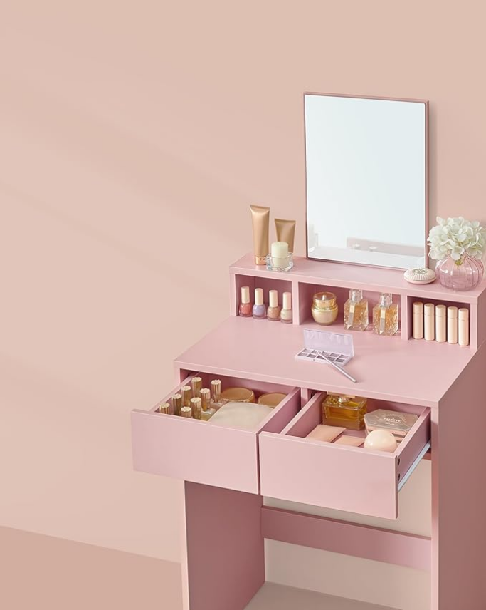 VASAGLE  Nowoczesna Toaletka w Odcieniu Pudrowego Różu z Lustrem i 2 Szufladami – Idealna do Makijażu i Organizacji Kosmetyków