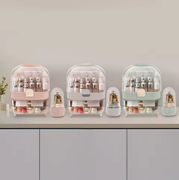 Przezroczysty Organizer na Kosmetyki 3-Poziomowy – Pyłoszczelny, Pojemny i Elegancki z Mini Stojakiem na Akcesoria