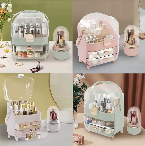 Przezroczysty Organizer na Kosmetyki 3-Poziomowy – Pyłoszczelny, Pojemny i Elegancki z Mini Stojakiem na Akcesoria