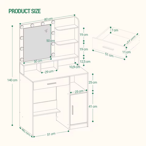 Toaletka z Lustrem LED, 3 Półkami, 4 Otwartymi Przegrodami i Szafką – Nowoczesny Stolik Makijażowy Premium
