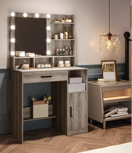 Toaletka z Lustrem LED, 3 Półkami, 4 Otwartymi Przegrodami i Szafką – Nowoczesny Stolik Makijażowy Premium