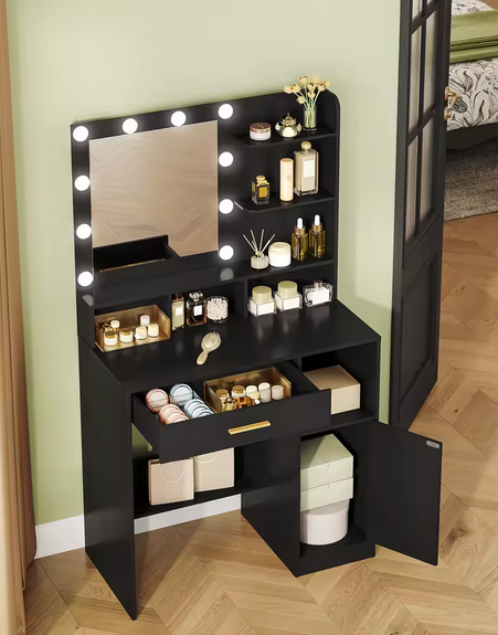 Toaletka z Lustrem LED, 3 Półkami, 4 Otwartymi Przegrodami i Szafką – Nowoczesny Stolik Makijażowy Premium