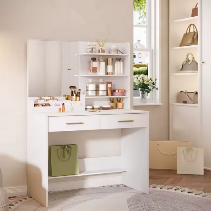 Elegancka Toaletka z Lustrem i Pojemnymi Półkami