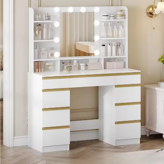 Nowoczesna Toaletka z Dużym Lustrem LED, Licznymi Schowkami i Eleganckim Wykończeniem – Idealna do Makijażu i Organizacji Kosmetyków