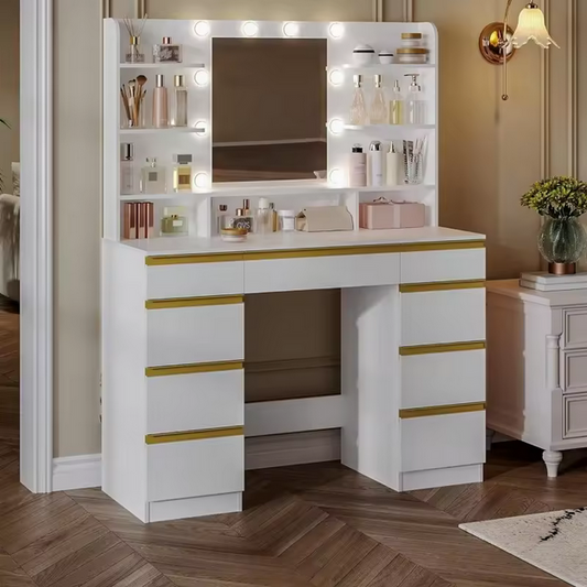Nowoczesna Toaletka z Dużym Lustrem LED, Licznymi Schowkami i Eleganckim Wykończeniem – Idealna do Makijażu i Organizacji Kosmetyków