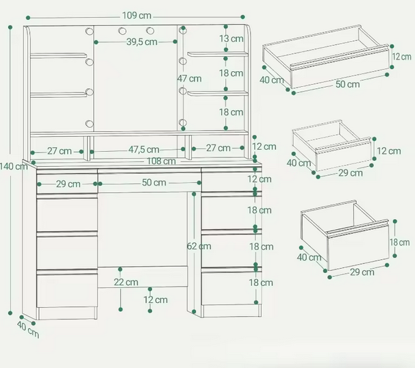 Nowoczesna Toaletka z Dużym Lustrem LED, Licznymi Schowkami i Eleganckim Wykończeniem – Idealna do Makijażu i Organizacji Kosmetyków