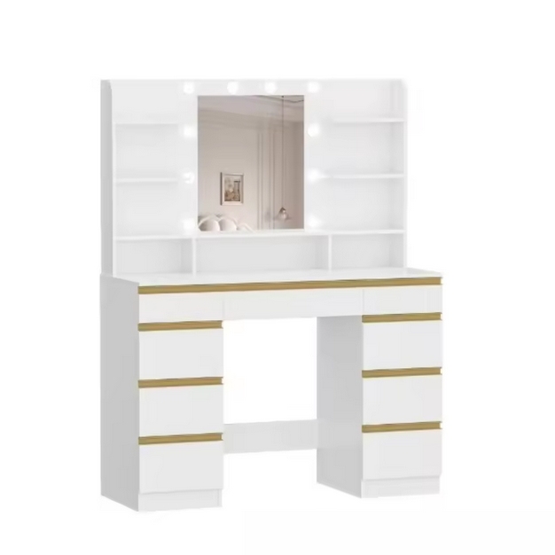 Nowoczesna Toaletka z Dużym Lustrem LED, Licznymi Schowkami i Eleganckim Wykończeniem – Idealna do Makijażu i Organizacji Kosmetyków