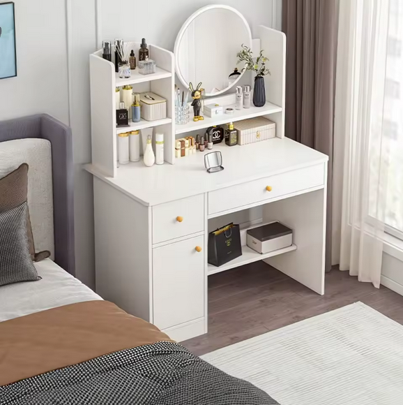 Elegancka Toaletka z Okrągłym Lustrem i Pojemnymi Schowkami – Perfekcyjny Kącik Beauty w Twoim Domu