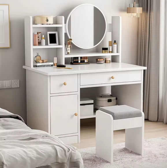 Elegancka Toaletka z Okrągłym Lustrem i Pojemnymi Schowkami – Perfekcyjny Kącik Beauty w Twoim Domu