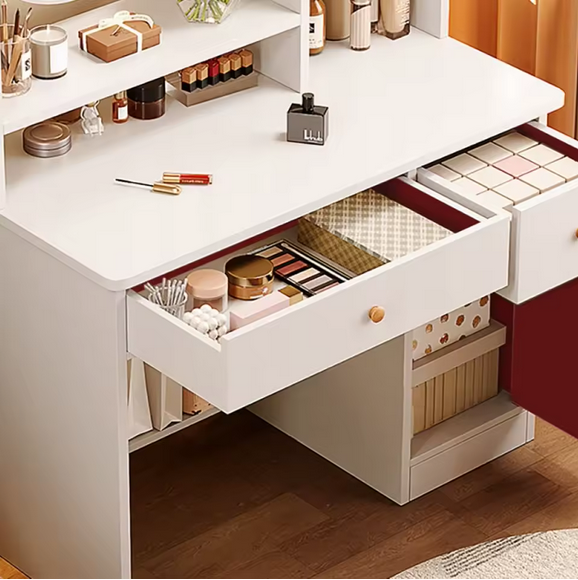 Elegancka Toaletka z Okrągłym Lustrem i Pojemnymi Schowkami – Perfekcyjny Kącik Beauty w Twoim Domu