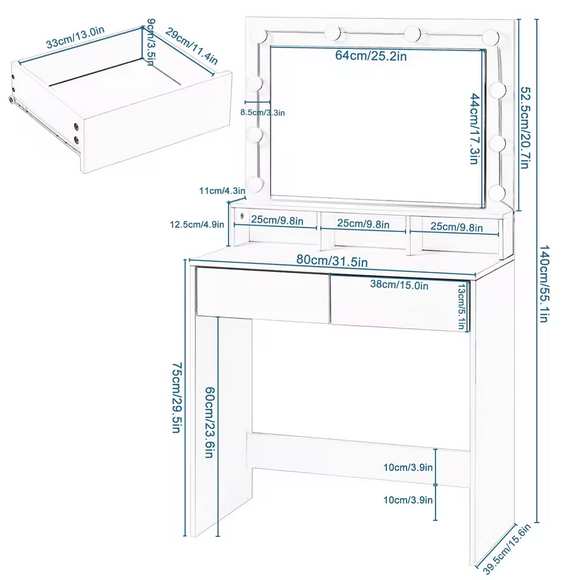 Nowoczesna Toaletka z Lustrem Hollywood i Regulowanym Oświetleniem LED