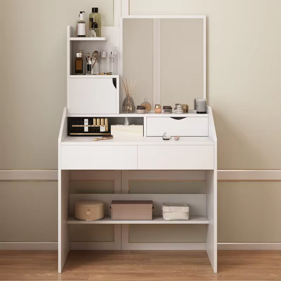 Praktyczna Toaletka Kosmetyczna z Lustrem i Rozbudowanym Systemem Półek – Perfekcyjna Organizacja w Stylu Skandynawskim