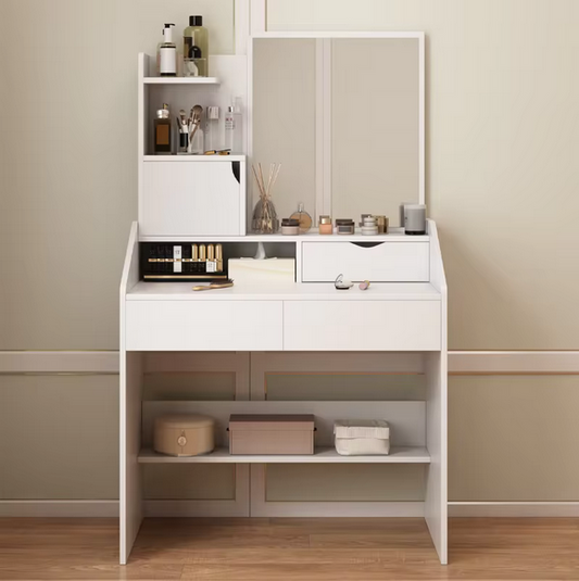 Praktyczna Toaletka Kosmetyczna z Lustrem i Rozbudowanym Systemem Półek – Perfekcyjna Organizacja w Stylu Skandynawskim