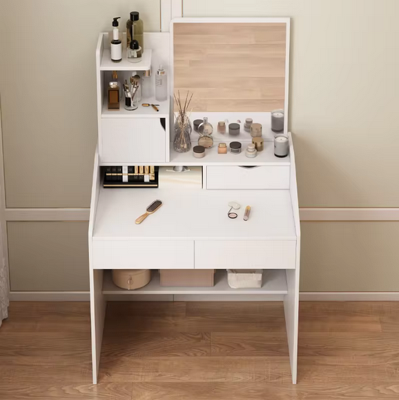 Praktyczna Toaletka Kosmetyczna z Lustrem i Rozbudowanym Systemem Półek – Perfekcyjna Organizacja w Stylu Skandynawskim