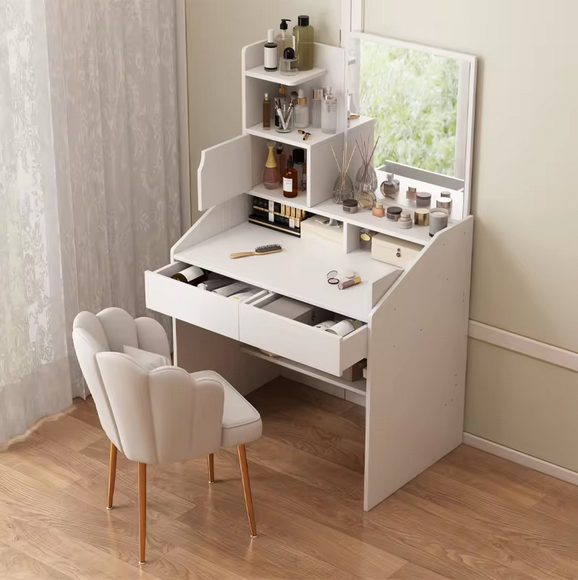 Praktyczna Toaletka Kosmetyczna z Lustrem i Rozbudowanym Systemem Półek – Perfekcyjna Organizacja w Stylu Skandynawskim