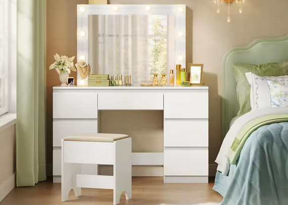 Luksusowa Toaletka z Dużym Lustrem Hollywood i 7 Szufladami – Perfekcyjny Kącik Beauty w Najwyższym Standardzie Woltu