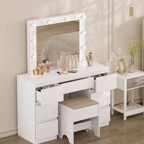 Luksusowa Toaletka z Dużym Lustrem Hollywood i 7 Szufladami – Perfekcyjny Kącik Beauty w Najwyższym Standardzie Woltu