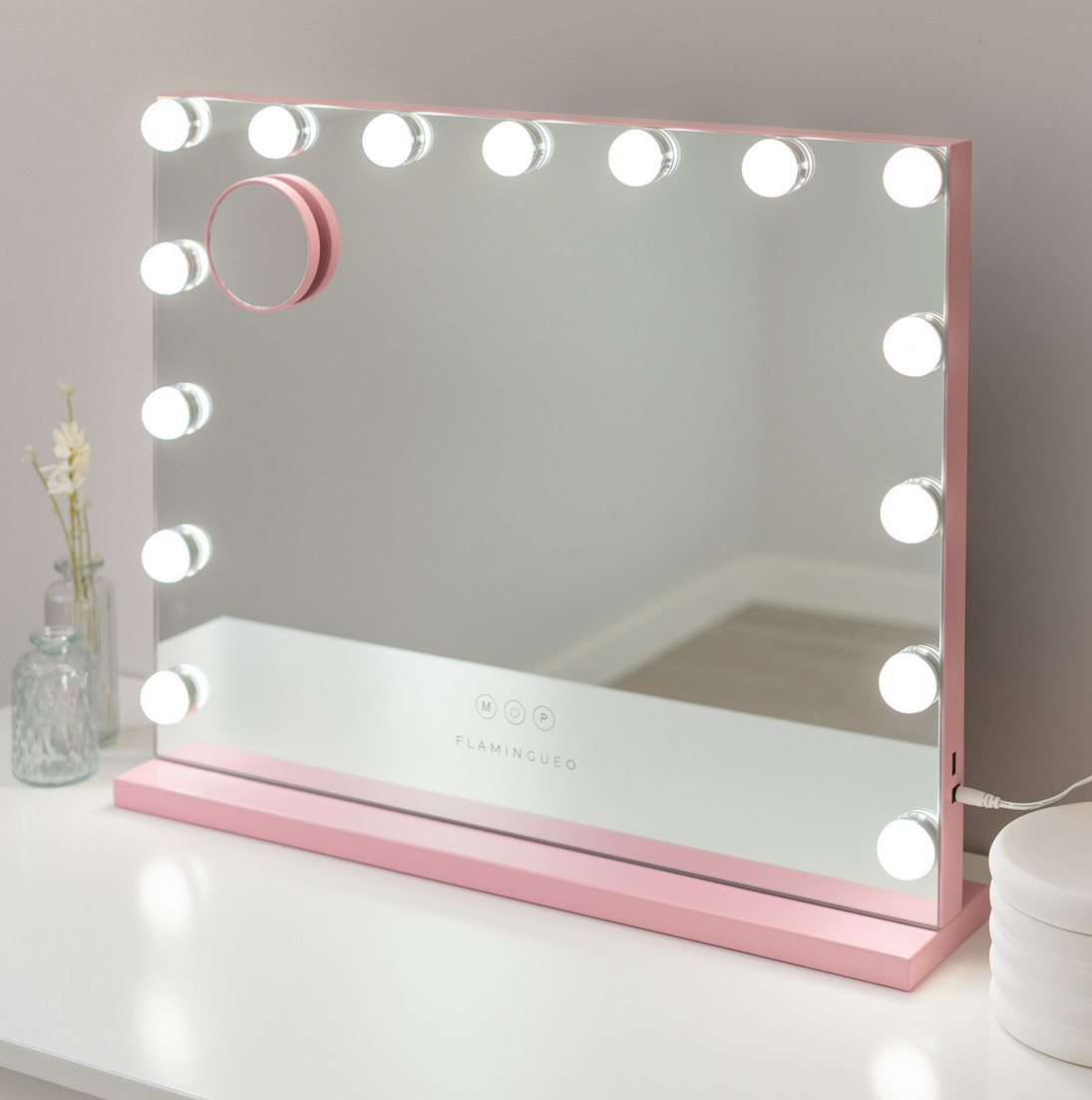 Flamingueo Lustro do Makijażu 15 LED 3 Tryby Świecenia Lustro Do Toaletki Różowy