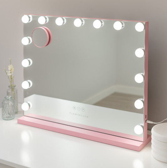 Flamingueo Lustro do Makijażu 15 LED 3 Tryby Świecenia Lustro Do Toaletki Różowy