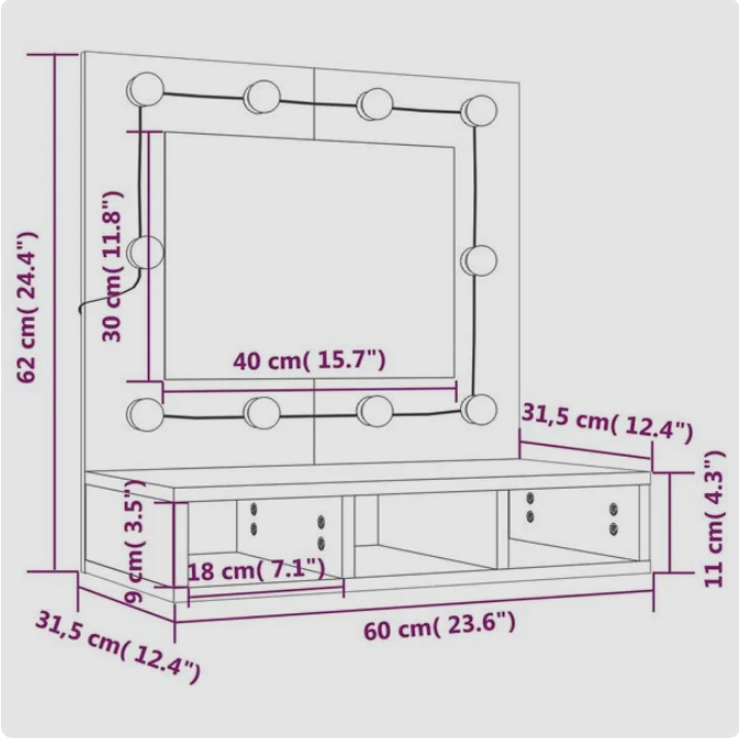 Elegancka Toaletka Ścienna z Lustrem LED – Nowoczesna Szafka na Kosmetyki z Podświetleniem Hollywood