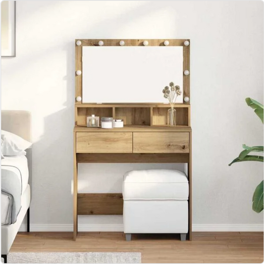 Toaletka z Lustrem LED Dąb Artisan – Nowoczesna Konsola z Szufladami i Przegródkami na Kosmetyki