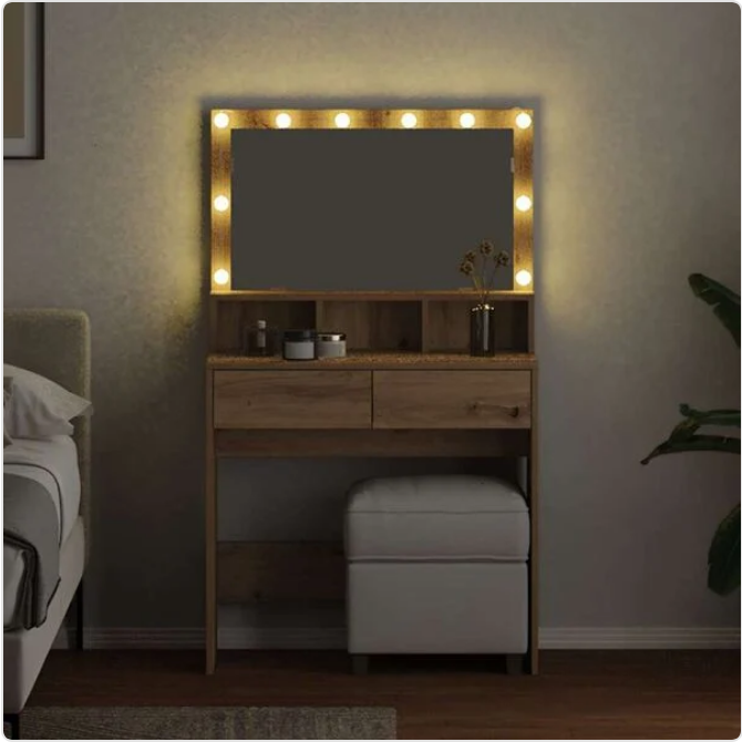 Toaletka z Lustrem LED Dąb Artisan – Nowoczesna Konsola z Szufladami i Przegródkami na Kosmetyki