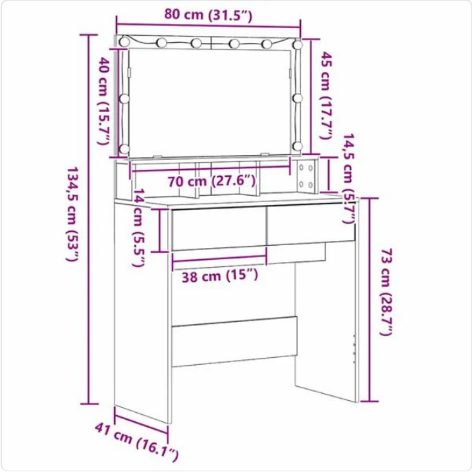 Toaletka z Lustrem LED Dąb Artisan – Nowoczesna Konsola z Szufladami i Przegródkami na Kosmetyki