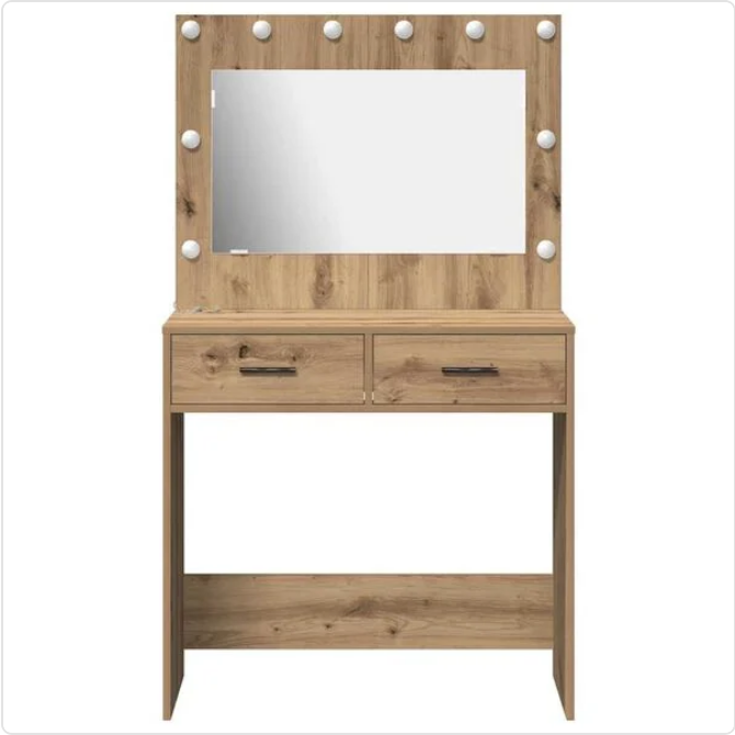 Toaletka z Lustrem LED Dąb Artisan – Nowoczesna Konsola z Szufladami i Przegródkami na Kosmetyki