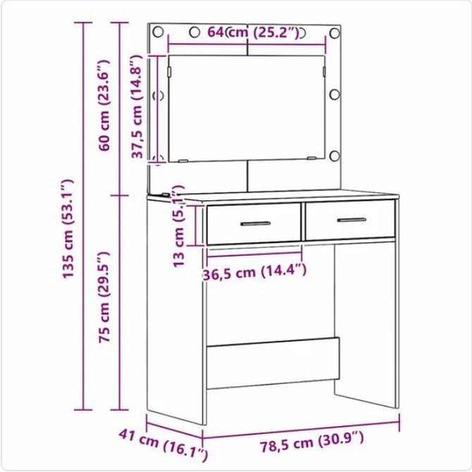 Toaletka z Lustrem LED  – Nowoczesna Konsola z Szufladami i Przegródkami na Kosmetyki