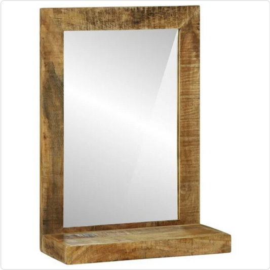 Stylowe Lustro z Ramą z Surowego Drewna Mango – Zintegrowana Półka