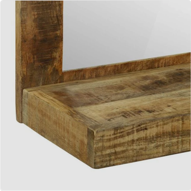 Stylowe Lustro z Ramą z Surowego Drewna Mango – Zintegrowana Półka
