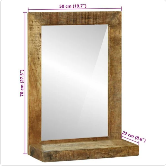 Stylowe Lustro z Ramą z Surowego Drewna Mango – Zintegrowana Półka