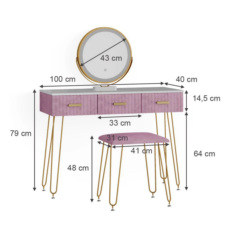 Stylowa i nowoczesna toaletka do makijażu z dużym lustrem, praktycznymi szufladami i wygodnym tapicerowanym siedziskiem – idealna do sypialni i organizacji kosmetyków