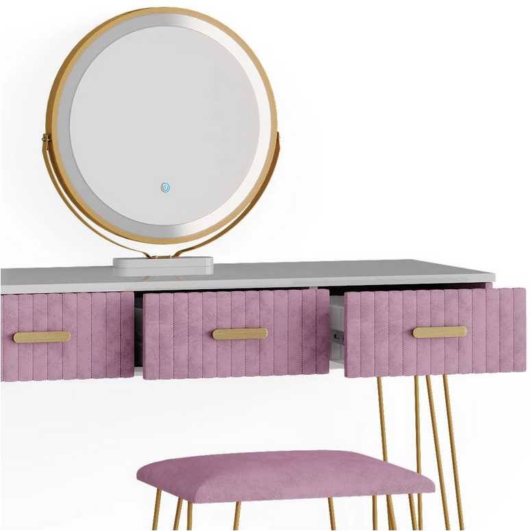 Stylowa i nowoczesna toaletka do makijażu z dużym lustrem, praktycznymi szufladami i wygodnym tapicerowanym siedziskiem – idealna do sypialni i organizacji kosmetyków